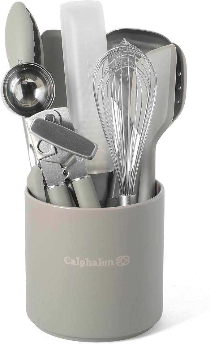 Calphalon Edge 10-Piece Kitchen Utensil Set with Crock, Stainless Steel and Silicone Cooking Tools, Nonstick-Safe Utensils with Comfortable Handles, Taupe by Calphalon