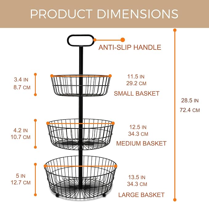 HOSY 3-Tier Metal Round Standing Fruit Basket with Handle, Vegetables Stand | Black, Metal Material, 28.5" Height, 13.5" Diameter, Tool-Free Assembly, for Kitchen Countertop, Dining Table, Party Buffet - Image 3