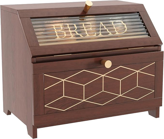 HOLTICO Double Layer Bread Box With Golden Trim for Countertop, Wooden Bread Container for Kitchen Counter, Corner Bread Storage, Brown by HOLTICOforhomeforlove