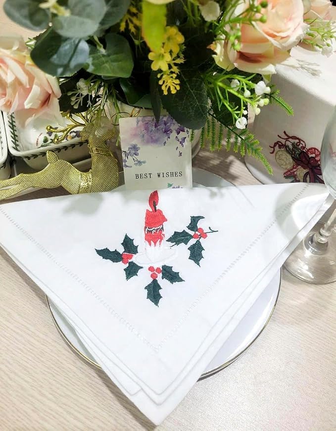Embroidered Cloth Napkin Candle & Holly Christmas Cotton Napkins Set of 6, 20 x 20 Hemstitch Table Napkins, Machine Washable, Daily & Holidays, Great Gift Ideas - Image 8