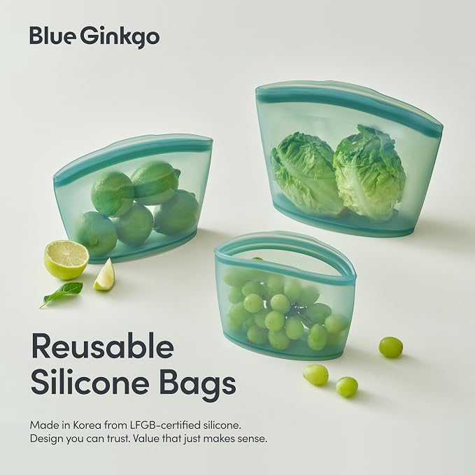 Blue Ginkgo Silicone Food Storage Bags, 3-Pack, Reusable, Made in Korea | Leakproof. Stand Up. Freezer and Dishwasher Safe. (Forest Green) - Image 2