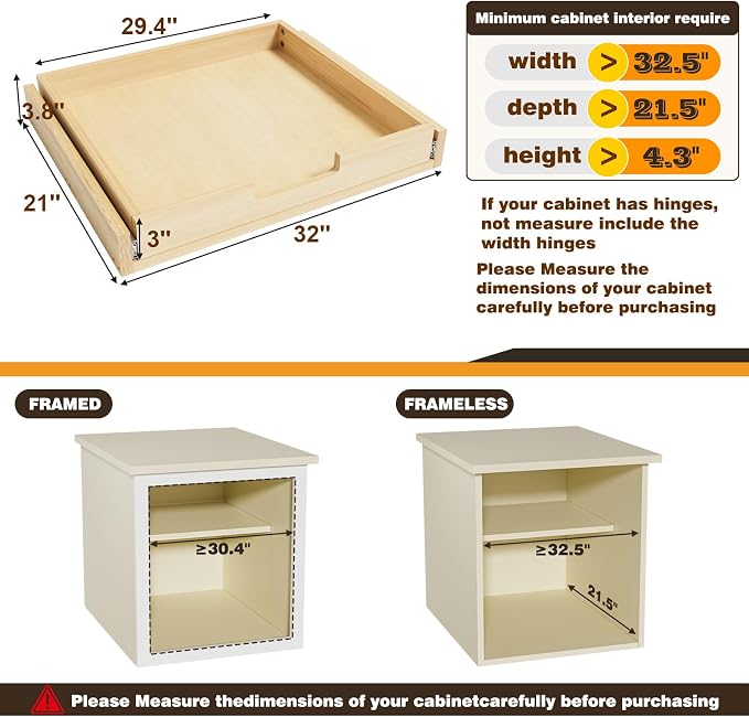 Pull Out Cabinet Organizer, 32''W×21''D Sliding Drawers for Cabinets, Soft Close Slide Out Wooden Pull out Drawers, Base Cabinet Organization for Kitchen, Pantry, Bathroom - Image 3