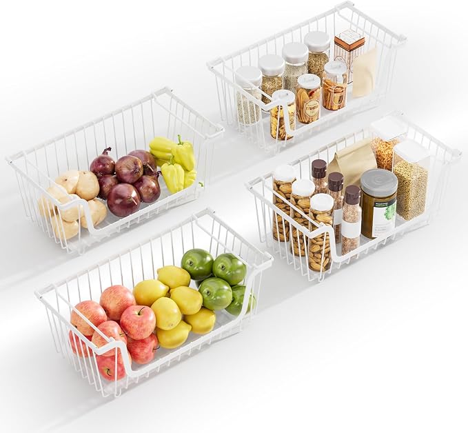 4 Pcs Stackable Wire Baskets for Pantry Organizers and Storage, White | Metal Baskets with Handles,Produce Potato Onion Storage Bin,Vegetable Fruit Basket for Countertop, Kitchen Storage - Image 8