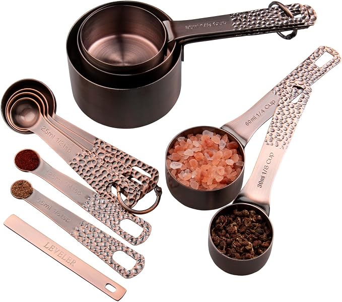 Copper Plated Measuring Cups and Spoons set, Stainless Steel Measuring Cups and Spoons Set for Baking & Kitchen, Cute Metal Metric & US Measure Cup and Spoon with Leveler & 1/8 Cup by Nstezrne