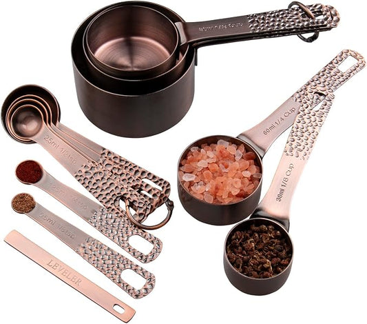Copper Plated Measuring Cups and Spoons set, Stainless Steel Measuring Cups and Spoons Set for Baking & Kitchen, Cute Metal Metric & US Measure Cup and Spoon with Leveler & 1/8 Cup by Nstezrne