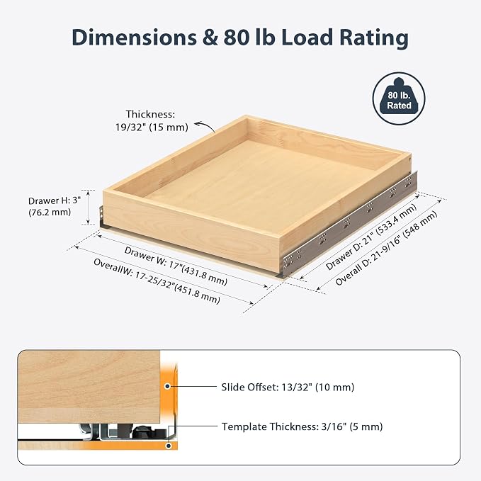 Pull Out Drawers for Kitchen Cabinets 17" W x 21" D Birch Wood | Pull-Out Cabinet Drawer, Slide Out Shelf, Concealed Soft-Close Full-Extension Slides, Bottom & Side Mount, 80 lb Heavy-Duty - Image 2