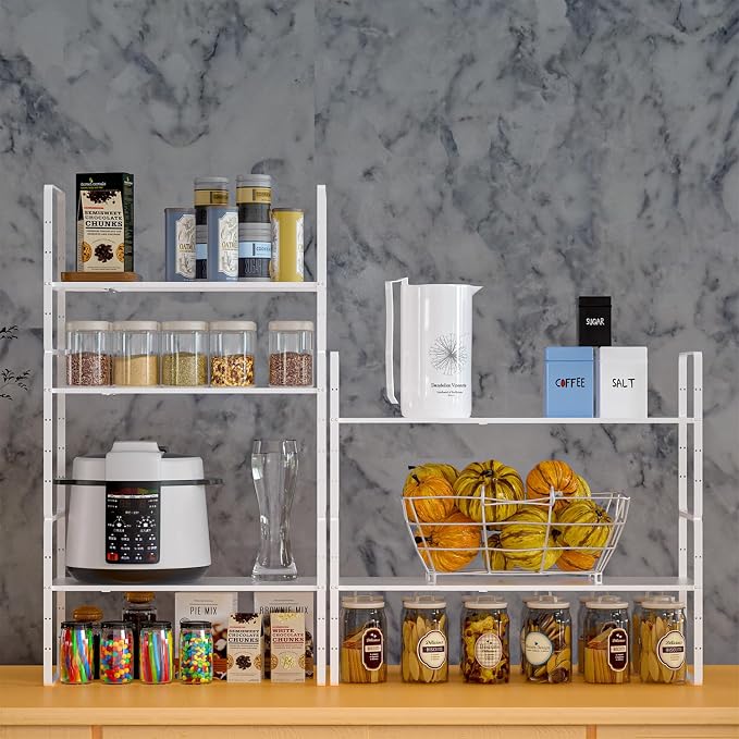 Expandable Kitchen Cabinet Shelf Organizers 2 Pack, Stackable Metal Pantry Storage Shelves Rack, Adjustable Counter Shelf for Cabinets, Countertop, Cupboard Organizers and Storage, White - Image 3