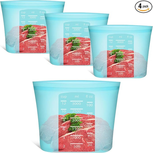Reusable Food Storage Bags Extra Large, 0.8 Gallon/101 fl.oz/3000 ml, 4 Pack 100% Silicone Food Storage Bags Stand-Up Wide-Mouth Zip-Lock for Large Items, Freezer Microwave Oven Dishwasher Safe, Blue by Annaklin