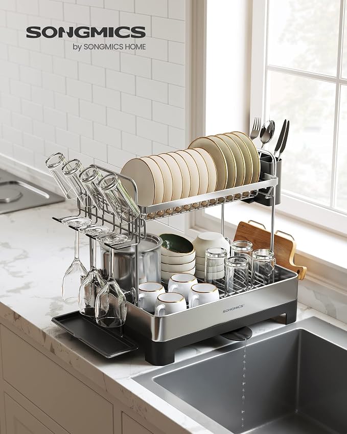 SONGMICS Dish Drying Rack - 2 Tier Dish Rack for Kitchen Counter with Rotatable and Extendable Drain Spout, Dish Drainer with Utensil, Cup, Glass, Cutting Board Holders, Black UKCS032B01 - Image 9