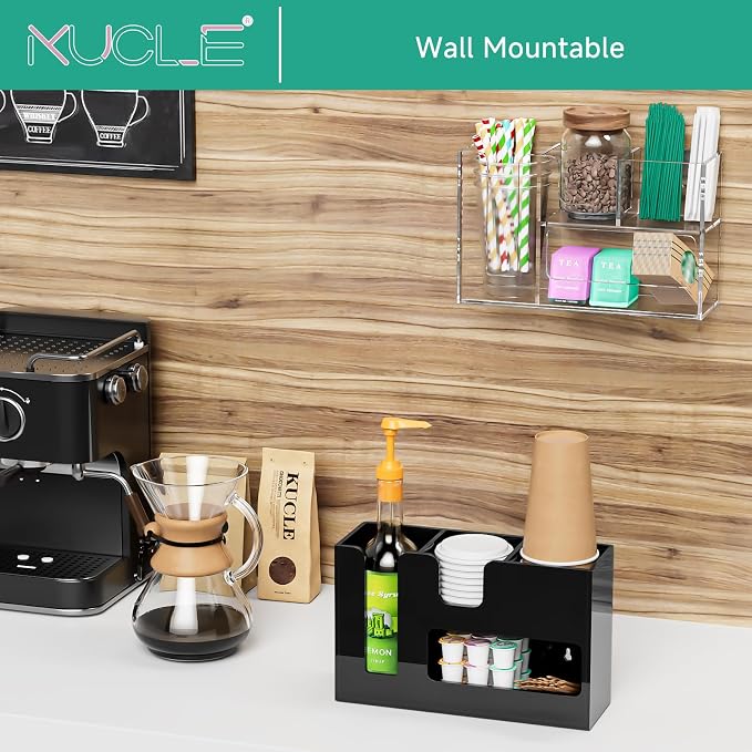 2-Tier Coffee Station Organizer for Countertop, 4 Compartments Clear Acrylic Cup and Lid Holder Tea Condiment Storage Upright Coffee Bar Organizer Pod Dispenser for Office Breakroom Home Kitchen - Image 2