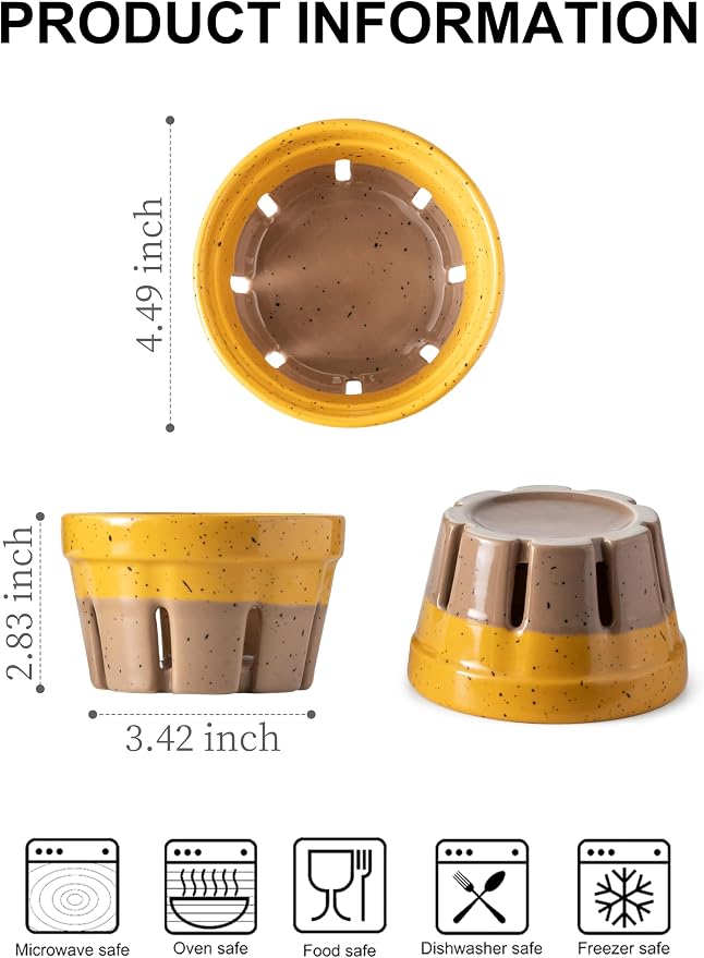Gomakren Ceramic Berry Bowls with Holes Set of 2 for Fridge Yellow + Brown | Drain holes keep berries fresh, stackable, wash & serve, round strawberry basket for fridge kitchen counter, lovely home gift - Image 2