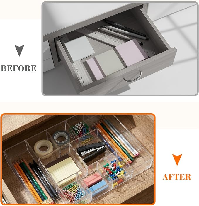 Large Acrylic Desk Deep Drawer Organizer with Adjustable Dividers, Anti-skip Clear Desk Top Junk Drawer Storage Tray for Pens, Desktop, Office, Bathroom, Kitchen, Makeup Supplies(10 Compartments) - Image 4