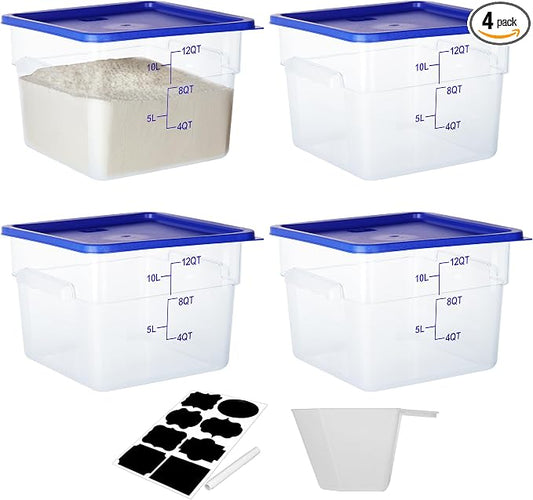 BIEAMA 4 Pack 12 Qt Square Food Storage Containers with Lids, NSF, Clear | Commercial polycarbonate containers with scale markings and handles; stackable for prep, brining, fermentation & bulk storage by BIEAMA