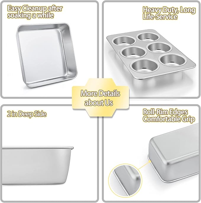 TeamFar Stainless Steel Bakeware Set of 5 | Toaster Oven Baking Roasting Pans, Square/Round Cake Pan, Loaf Pan & Muffin Pan, Healthy & Heavy Duty, Dishwasher Safe - Image 6