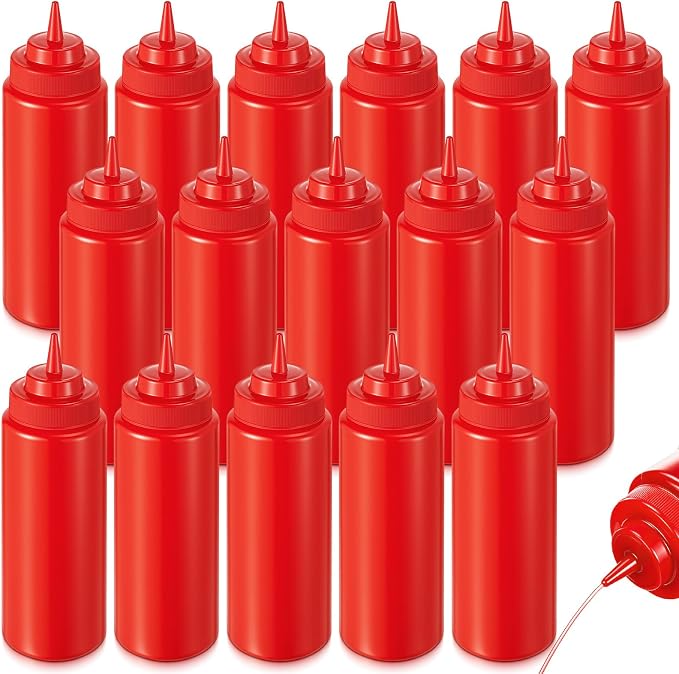 16 Pcs 32 oz Squeeze Bottle Large Plastic Wide Mouth Squeeze Bottles for Condiment Sauces Chocolate Ketchup Mustard BBQ Grill Restaurant (Red) by Unknown