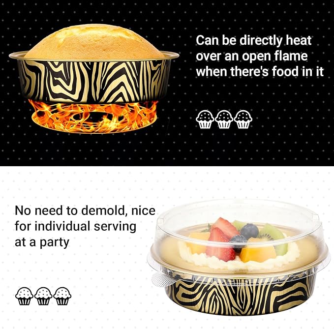 Beasea 4 Inch Pie Tins with Lids, 50 Pack 7.3 Oz Disposable Mini Tart Tins, Aluminum Foil Baking Tins Small Round Muffin Container Mini Cheesecake Cups for Pie Tart Quiche - Tiger Stripes - Image 3