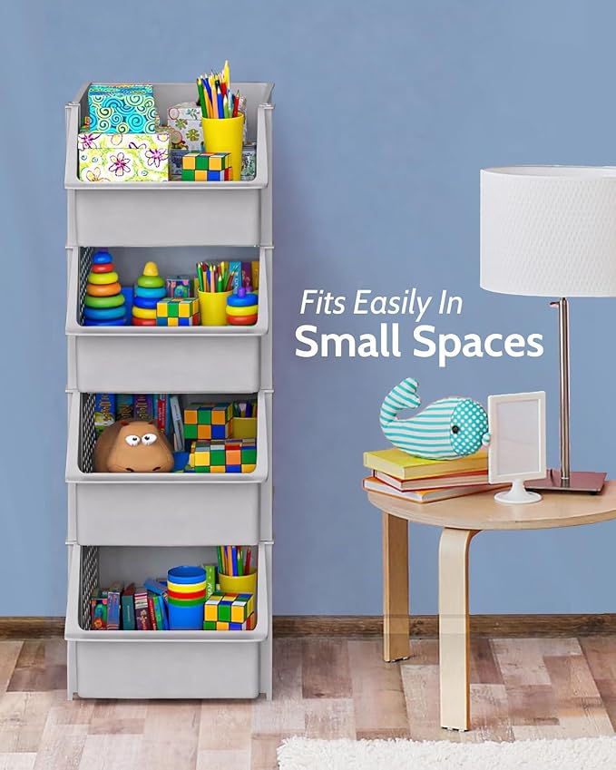 Stackable Storage Bins Open Front for Pantry Storage, 4 Pack - Light Grey | Sturdy Plastic, Easy Stacking, Open Front Access, Ventilated Sides, Vertical & Space Saving Pantry Organizers and Storage Bin - Image 6