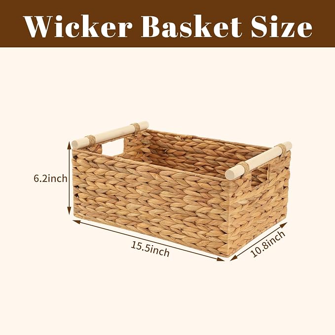 Wicker Storage Basket, Woven Shelf Organizer, 15.5x10.8x6.2 | 15.5x10.8x6.2" natural wicker basket with handles; rectangular shelf organizer for kitchen, bathroom and living spaces. - Image 2