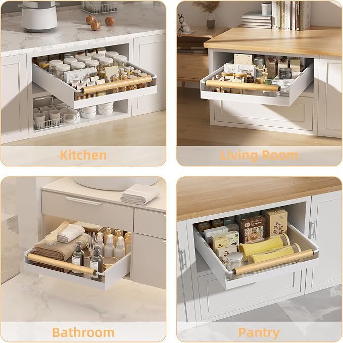 2 Pack No-Drill Pull Out Cabinet Organizer 15.3'' Deep Expandable Slide Out Drawers for Kitchen Pantry & Under Sink Storage, Adhesive Nano Film Mount, White - Image 6