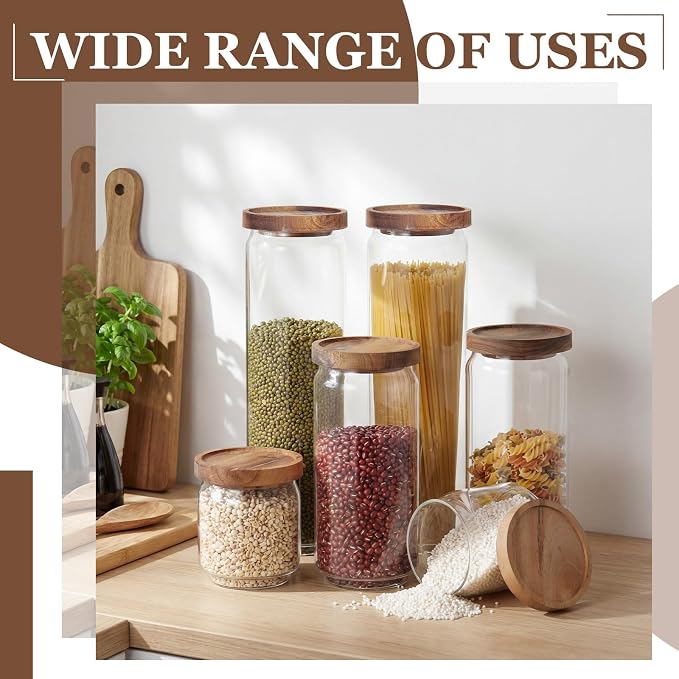 SiliFine 6 Set Glass Pantry Storage Jar with Acacia Airtight Lid 3 Size Glass Storage Container Jar for Pasta Spaghetti Cereal Coffee Bean Flour Sugar Rice, 17oz, 35oz, 53oz (Wood Lid) - Image 6