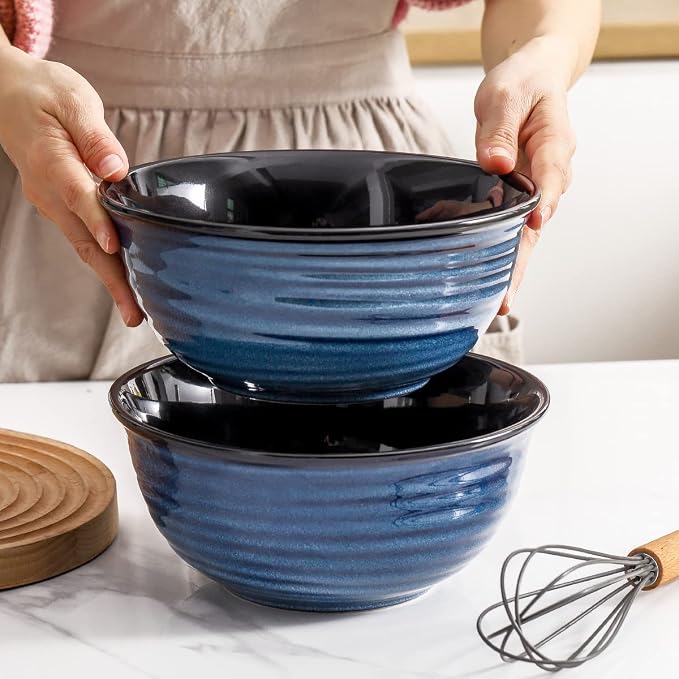HASENSE Serving Bowls, 60 Ounces Ceramic Salad Pasta Soup Bowls, 8.5 inch Large Bowls for Kitchen Ramen Pho Fruit Cereal Popcorn, Microwave and Dishwasher Safe, Set of 2, Blue - Image 4