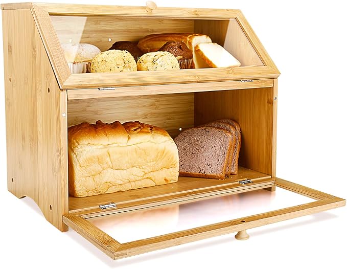 HOMEKOKO Double Layer Bread Box for Kitchen Countertop, Natural Bamboo | Keeps Bread Fresh 3-4 Days, Large Capacity Fits 2+ Loaves, Suitable For Home Kitchen Food Storage Use, See-Through Window - Image 8