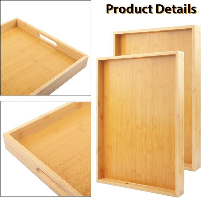 4 Pack 18 x 13 Inch Bamboo Serving Trays with Handle, 18 x 13 x 1.4inch Rectangular Bamboo Bed Trays, Large Lap Trays for Eating on Couch, Perfect for Breakfast, Tea, Bar, Dinner, and Parties - Image 4