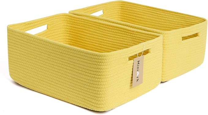 MiniArk Large Storage Baskets for Shelves, 17 x 13 x 7.5” Closet Organizers Bins for Clothes Blanket Towels, Baby Nursery, Toy Baskets Box, Woven Rope Baskets, 2 Packs Yellow by MiniArkStorageBasketsHome