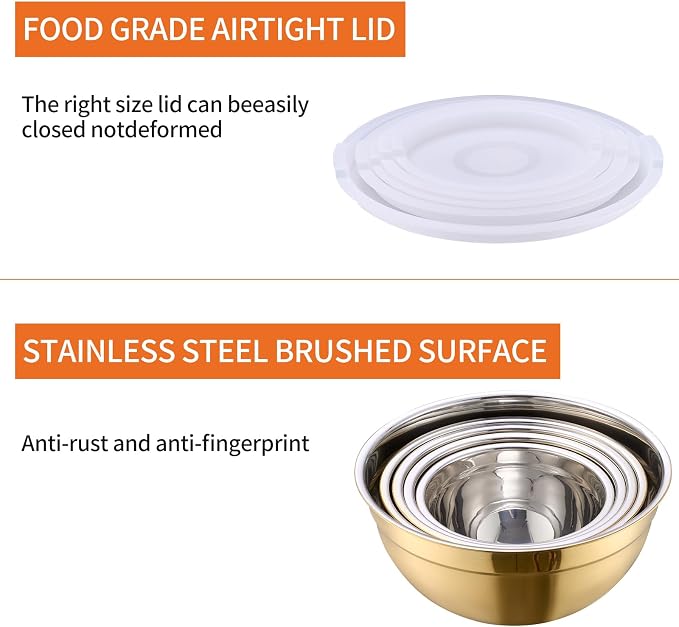 Gold Mixing Bowls with Airtight Lids, Stainless Steel Nesting Mixing Bowls Set of 5, Ideal for Baking, Prepping and Serving Food, Size 5.5, 3.6, 2.7, 2.1, 1.5, QT, Stackable Design - Image 4