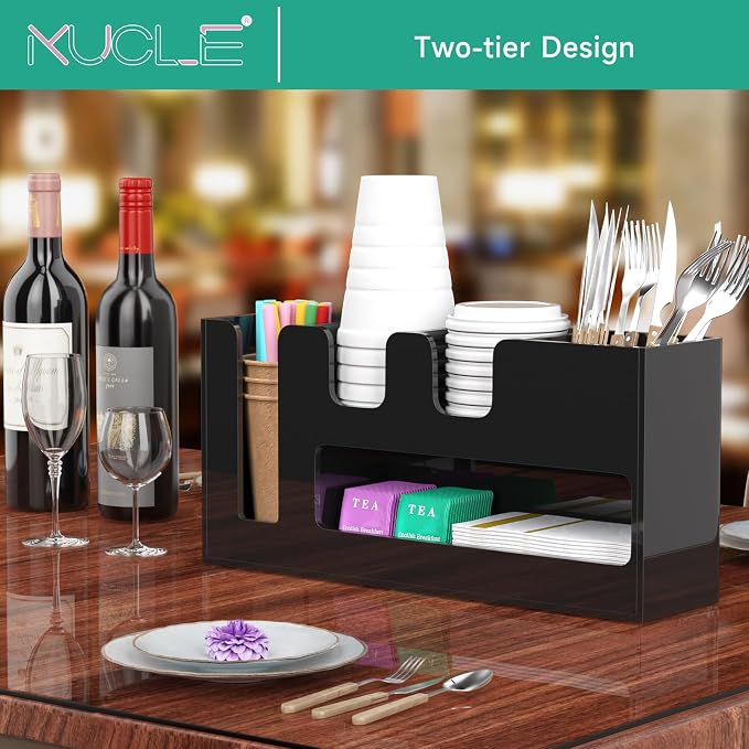 2-Tier Coffee Station Organizer for Countertop, 5 Compartments Black Acrylic Cup and Lid Holder Tea Condiment Storage Upright Coffee Bar Organizer Pod Dispenser for Office Breakroom Home Kitchen - Image 6
