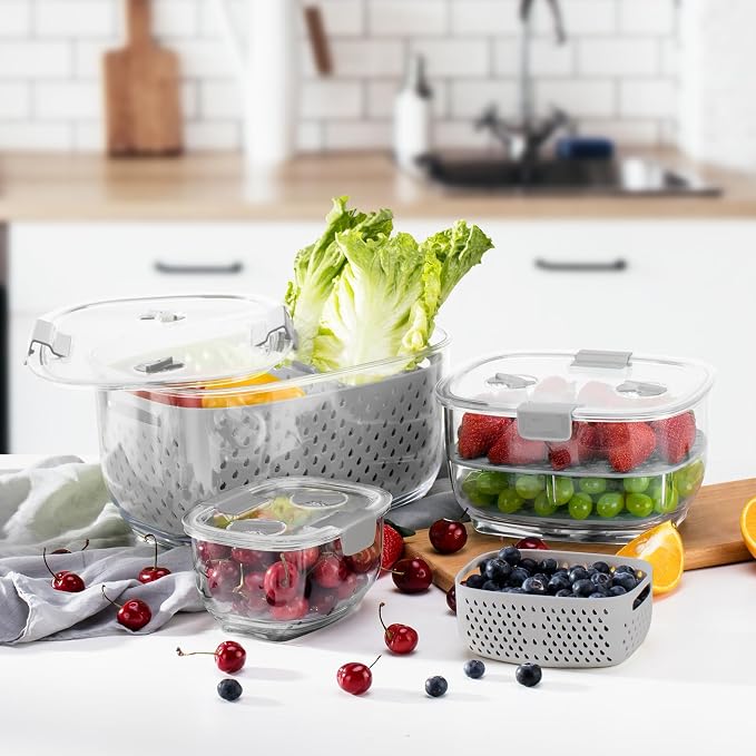 LUXEAR Fresh Produce Vegetable Fruit Storage Containers 3Piece Set, BPA-free Fridge Storage Container, Partitioned Salad Container, Fridge Organizers, Used in Storing Fruits Vegetables, Gray - Image 6
