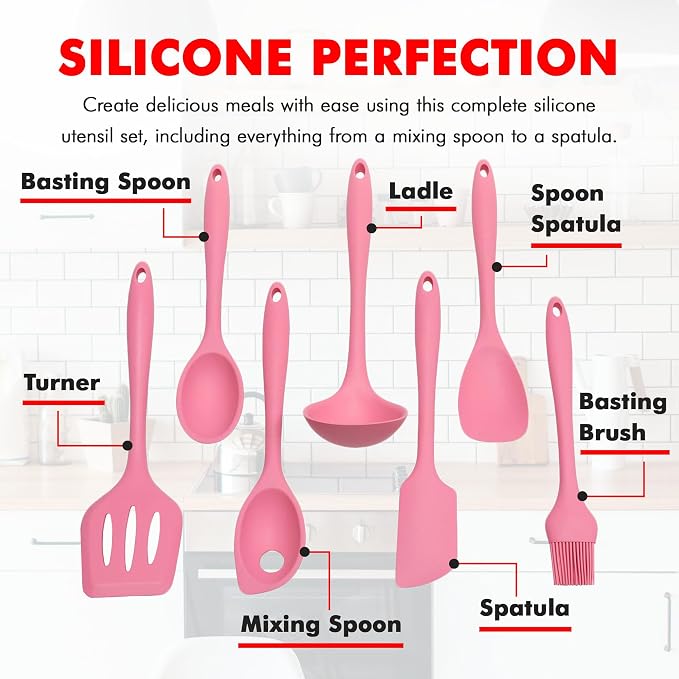 Chef Craft - Premium Silicone Kitchen Tools and Utensils Set, Non-Scratch, Withstands Temperatures up to 450°F, BPA-Free, 7 Piece Cooking Utensils Set, Pink - Image 4