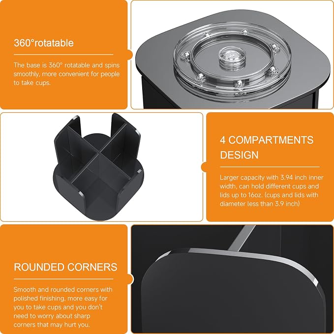 Beego Coffee Cup Holder Organizer - Rotatable 4 Compartments Black Acrylic Cup Dispenser Station With Lid Carousel - Countertop Plastic Cup Holder for Restaurant Breakroom Bar Accessories - Image 8
