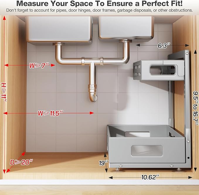2 Pack 19IN-Depth Under Sink Organizer,Pull Out Cabinet Organizer With Smooth Cylindrical Rail,Metal Slide Out Drawer for Kitchen Bathroom Laundry,8-Level Tool Free Height Adjustable-Gun Gray - Image 2