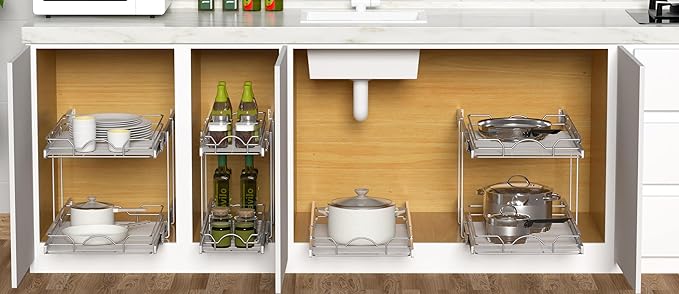 OCG 2 Tier Pull Out Cabinet Organizer (21.5" W x 18" D), Pull Out Shelves for Kitchen Cabinets, Slide Out Pantry Shelves for Base Cabinet Organization in Kitchen Bathroom Pantry, Chrome Finish - Image 7