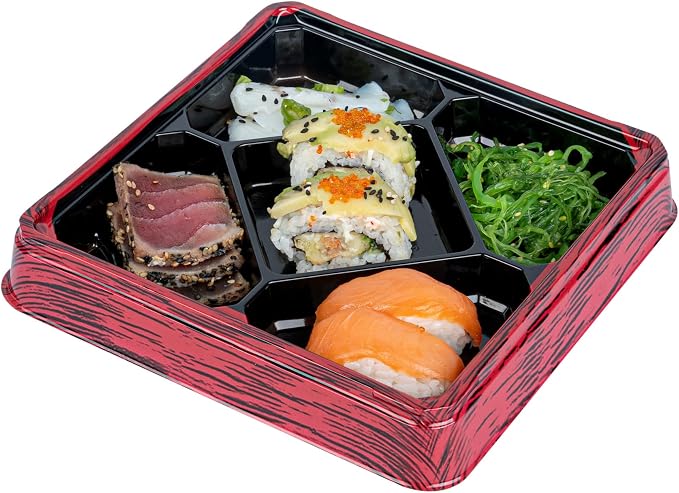 Restaurantware Bento Tek 18.6 Ounce Meal Prep Containers, 100 Disposable To Go Food Boxes - Lids Sold Separately, 5 Compartments, Red And Black Plastic Bento Lunch Boxes, Freezable, For Take Out - Image 2