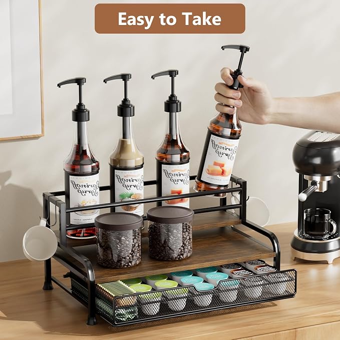 Coffee Syrup Rack Organizer, with Anti-Fall K-Cup Pod Holder Drawer | Black Metal Rack for 8 Syrup Bottles, Countertop Bottle Holder Stand for Wine, Space-Saving Design for Kitchen Cafe Station - Image 4