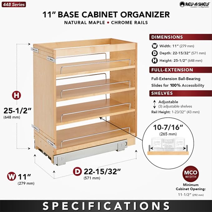 Rev-A-Shelf Maple Pullout Organizer for Full Height Base Cabinets, Full Extension Slides & Adjustable Shelves, Min Opening Width of 11.5",448-BC-11C - Image 4