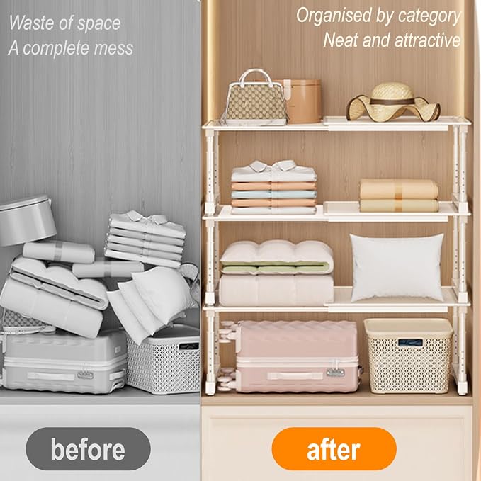 Expandable Cabinet Organizer Shelf, Adjustable Height Under Sink Storage Organizer, Shelf Riser for Kitchen, Bathroom, Wardrobe, Under Sink Counter(Beige) (1) - Image 6