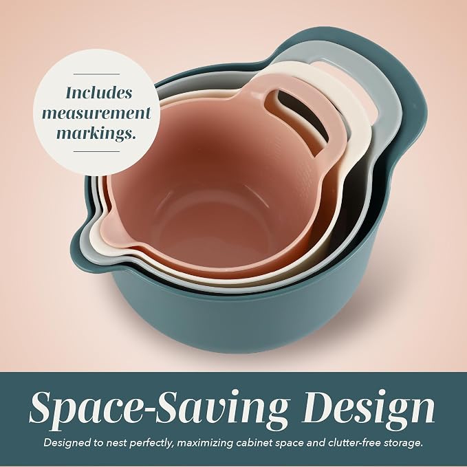 COOK WITH COLOR Nesting Plastic Mixing Bowl Set with Pour Spouts and Handles, Teal and Pink, 4 Piece Non-Slip - Image 4