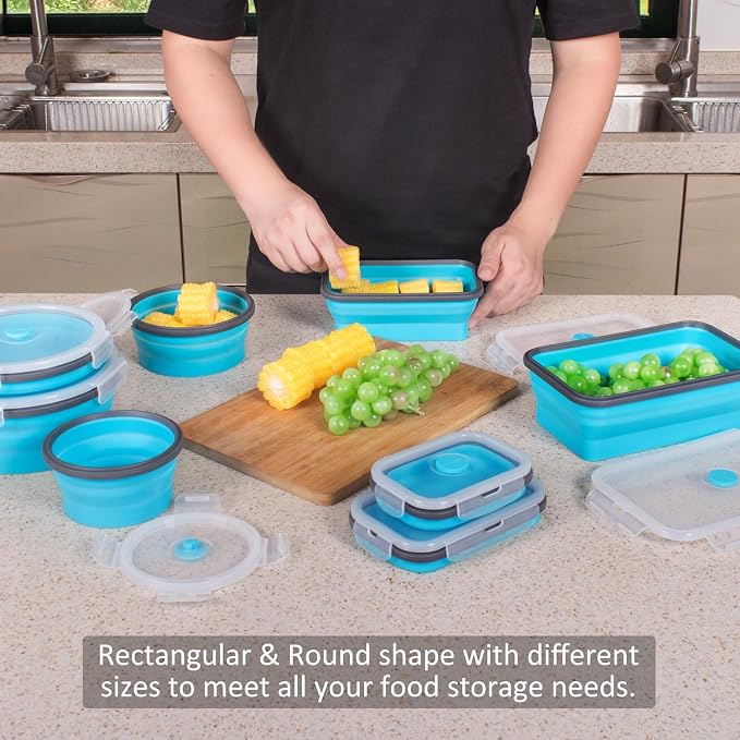 8 Pack Collapsible Food Storage Containers with Lids, Silicone Collapsible Food Containers, Collapsible Storage Containers Sets for Snack Camping RV, Microwave Freezer Dishwasher Safe, Blue - Image 2