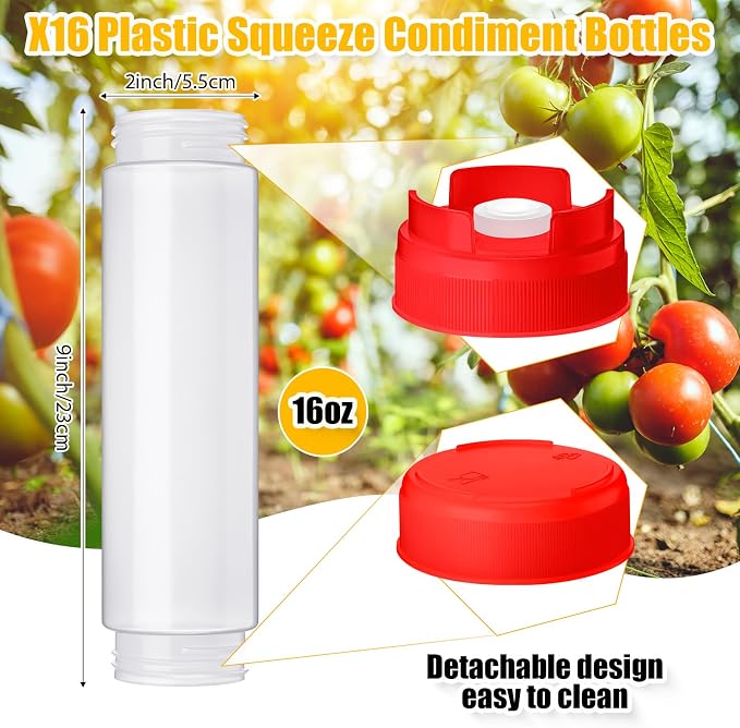 Roshtia 16 Pcs 16 oz Squeeze Bottle Condiment Squeeze Bottle Inverted Plastic Squeeze Bottle for Sauce Refillable Self Sealing Sauce Dispenser for Liquids Reusable Restaurants Kitchen(Red) - Image 2