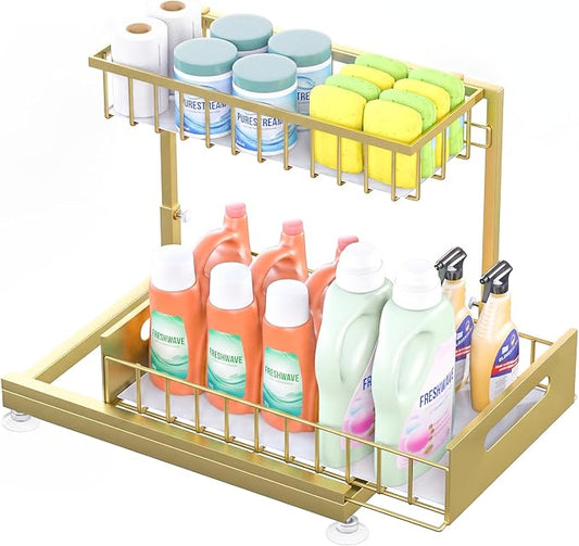 L-Shaped Under Sink Organizer, 2-Tier Pull-out Cabinet Rack 1-Pack | Gold Height-Adjustable Steel Rack, Sliding Grid Drawers with PP Liners, Holds 100 Lbs, Suction Base, Ideal Kitchen Storage by Saydear