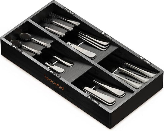 SpaceAid Bamboo Silverware Drawer Organizer with Labels, Kitchen Utensil Tray Holder Organizer for Flatware, Cutlery, Spoon and Knives Drawer Storage Organization (Black, 6 Slots) by SpaceAid
