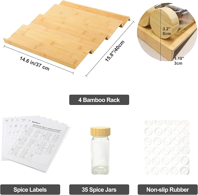 Spice Drawer Organizer with 35 Bamboo-lidded Spice Jars,216 Labels,25 Non-slip Rubber, Bamboo 4 Tier Seasoning Rack Tray Insert for Kitchen Drawers,Cabinets,Countertop,14.6" Wide x 15.8" Deep - Image 3