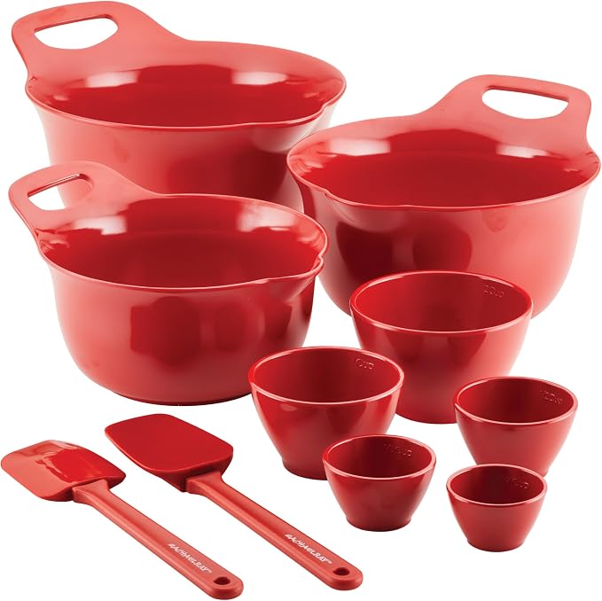 Rachael Ray Pantryware Nesting Mixing Bowls with Built-in spouts and Handles and Measuring Cups For Space-saving storage, Utensil Set, Dishwasher Safe, 10 Piece, Red by RachaelRayKitchenware