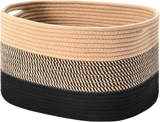 Cotton Rope Storage Baskets for Organizing 1Pack 15"x10"x9" Woven Baskets for Storage,Shelf Baskets Cube Storage Bins Towel Baskets for Bathroom,Toys Baskets Nursery Basket Laundry Baskets(Black/Brown) by HOMHOLDON
