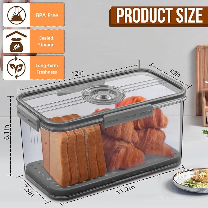 Gifhomfix Bread Box Bread Boxes for Kitchen Counter Airtight, Time Recording Bread Storage Container with Lid, Bread Keeper for Homemade Bread, Toast, Bagel, Donut and Cookies, LARGE Dark Grey - Image 2
