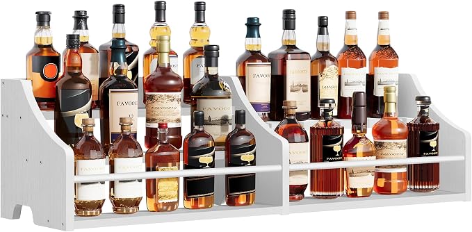 5 Tier Countertop Liquor Bottle Display Shelf Organizer, Retro Tabletop Wine Rack Stand, Multi-Purpose Storage Holder for Whiskey, Spirits, Coffee Syrup, Mini Home Bar & Liquor Cabinet, White by FAVOOSTY