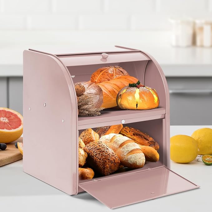 Bread Box, Metal Bread Box For Kitchen Countertop, Bread Storage Container Holds 2 Loaves Of Bread, High Capacity Breadbox, Bread Holder Suit Farmhouse Kitchen Decor For Counter (Pink) - Image 2